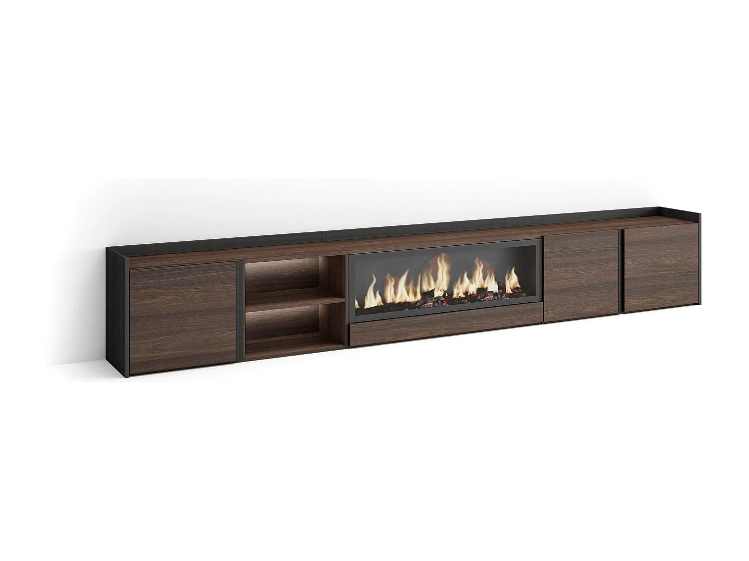 TV-Meubel, Lowboard, 315x50x35 cm, Voor tv's tot 80", Elektrische haard XXL, LED, Donkere eik en Zwart