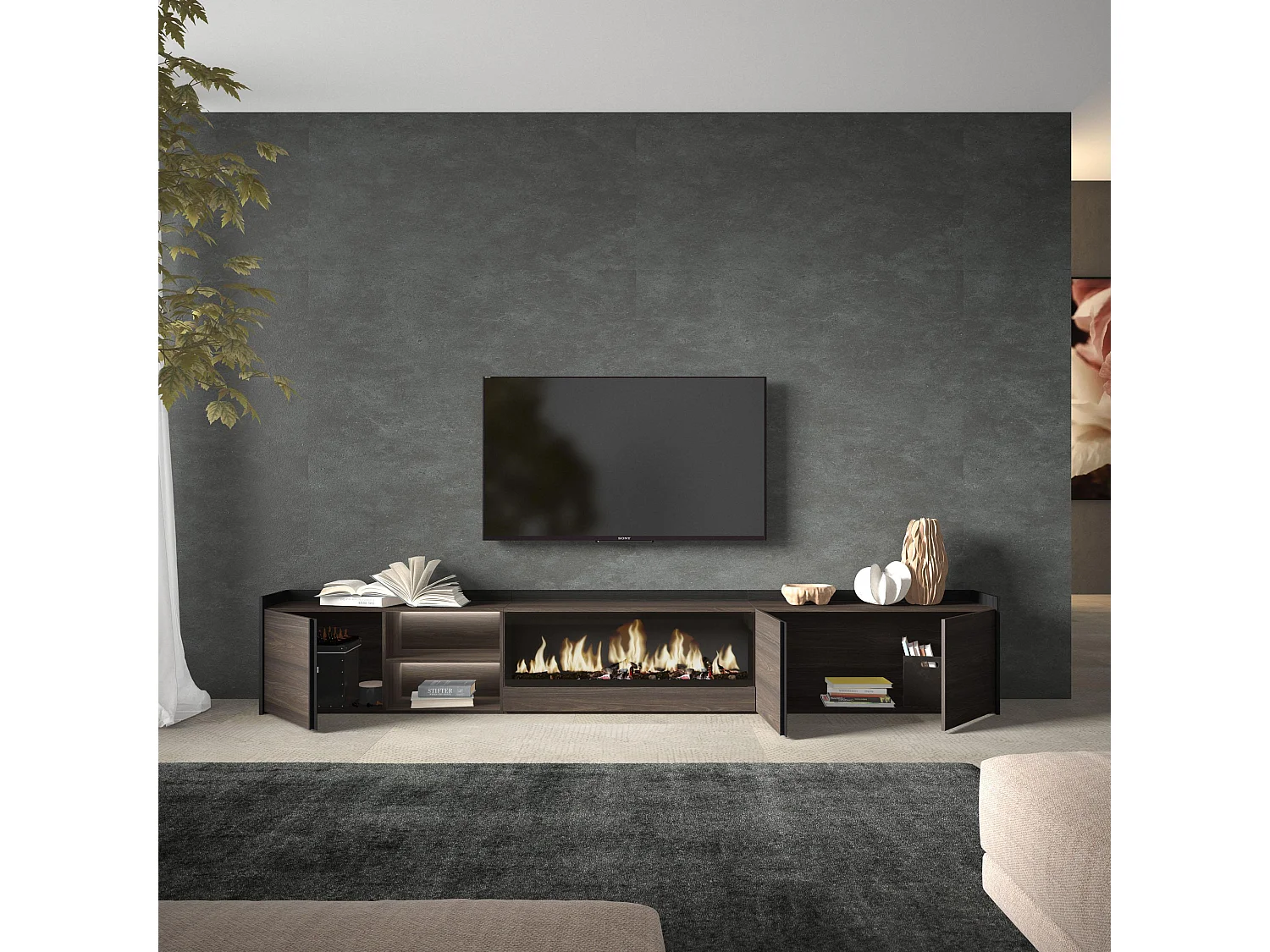 TV-Meubel, Lowboard, 315x50x35 cm, Voor tv's tot 80", Elektrische haard XXL, LED, Donkere eik en Zwart
