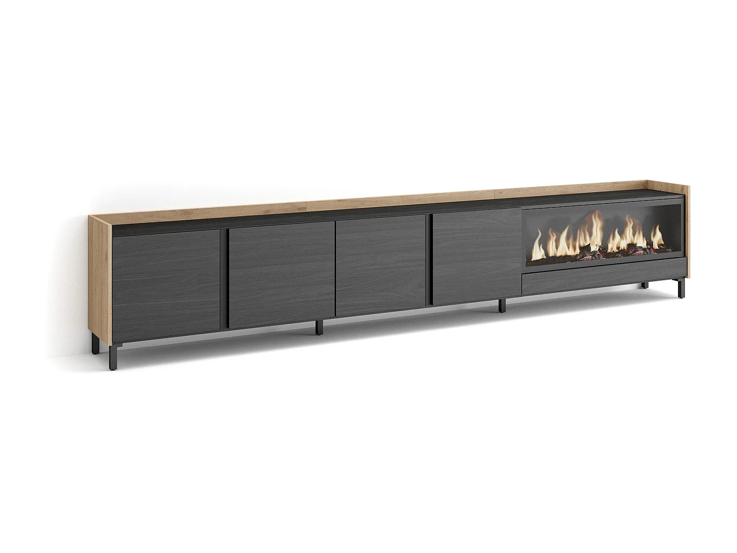 TV-Schrank, Lowboard, 315x61x35 cm, Für TV-Geräte bis zu 80", Elektrokamin XXL, Industriedesign, Schwarz Eiche