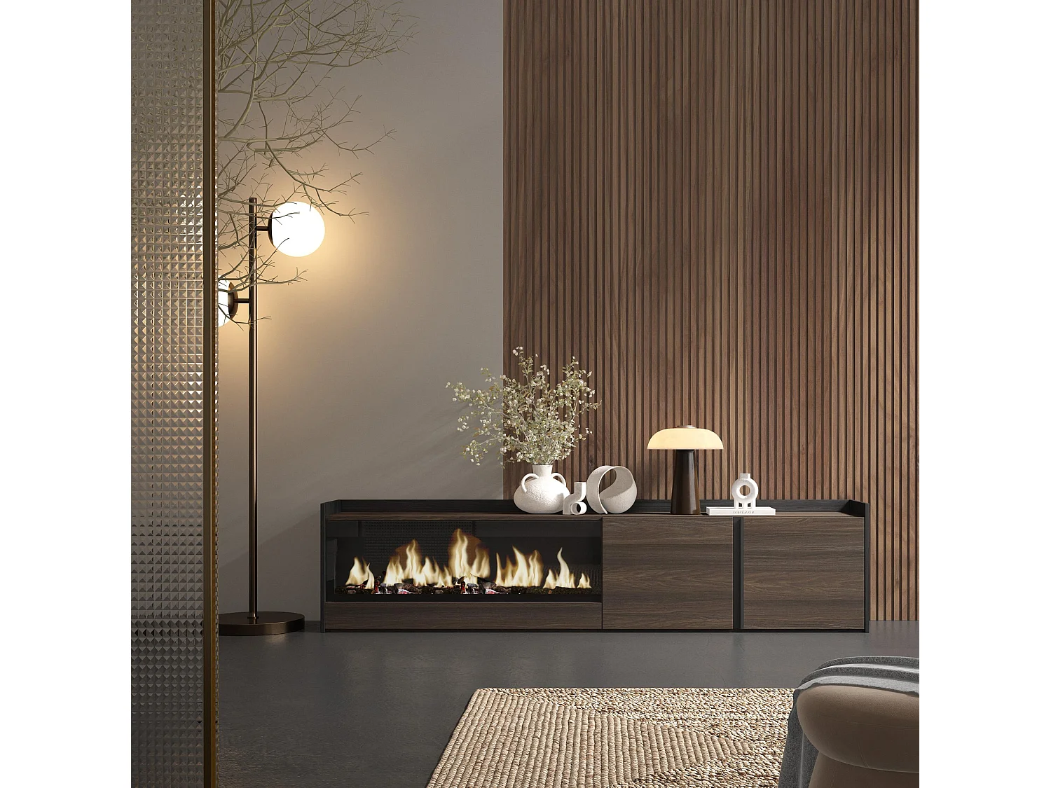 Meuble TV, Banc Télé, 212x50x35 cm, Pour les TV jusqu'à 80", Cheminée électrique XXL, Chêne foncé et Noir