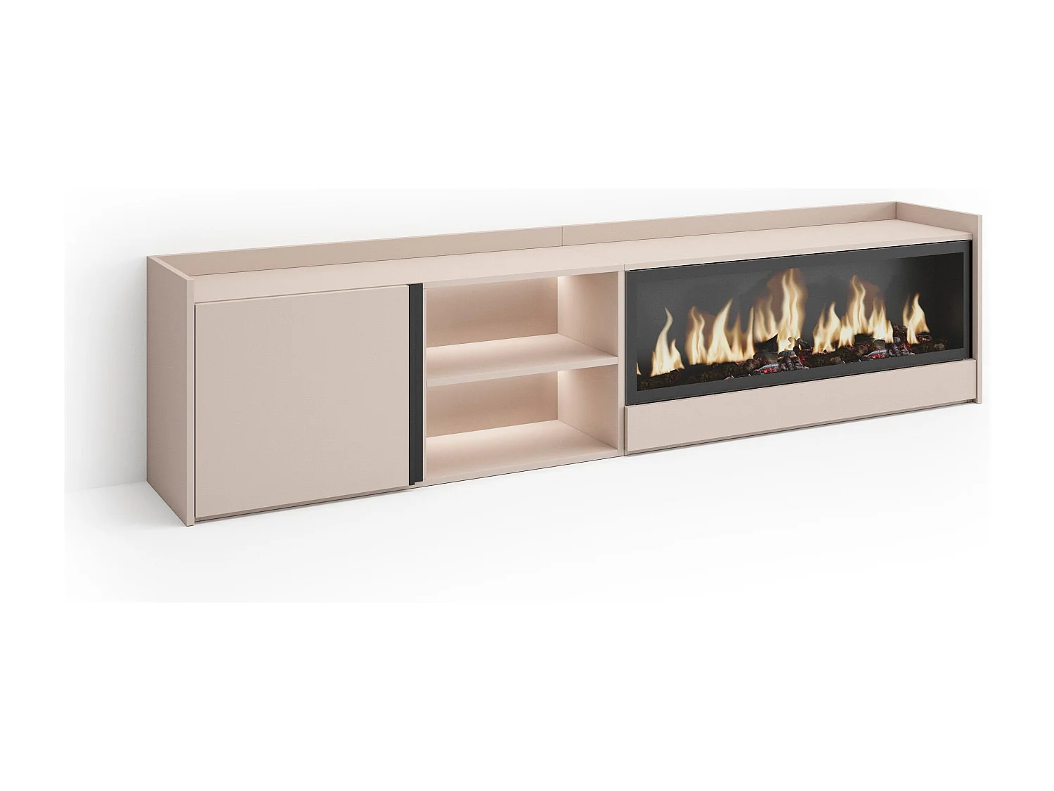 TV-Schrank, Lowboard, 212x50x35 cm, Für TV-Geräte bis zu 80", Elektrokamin XXL, LED, Beige