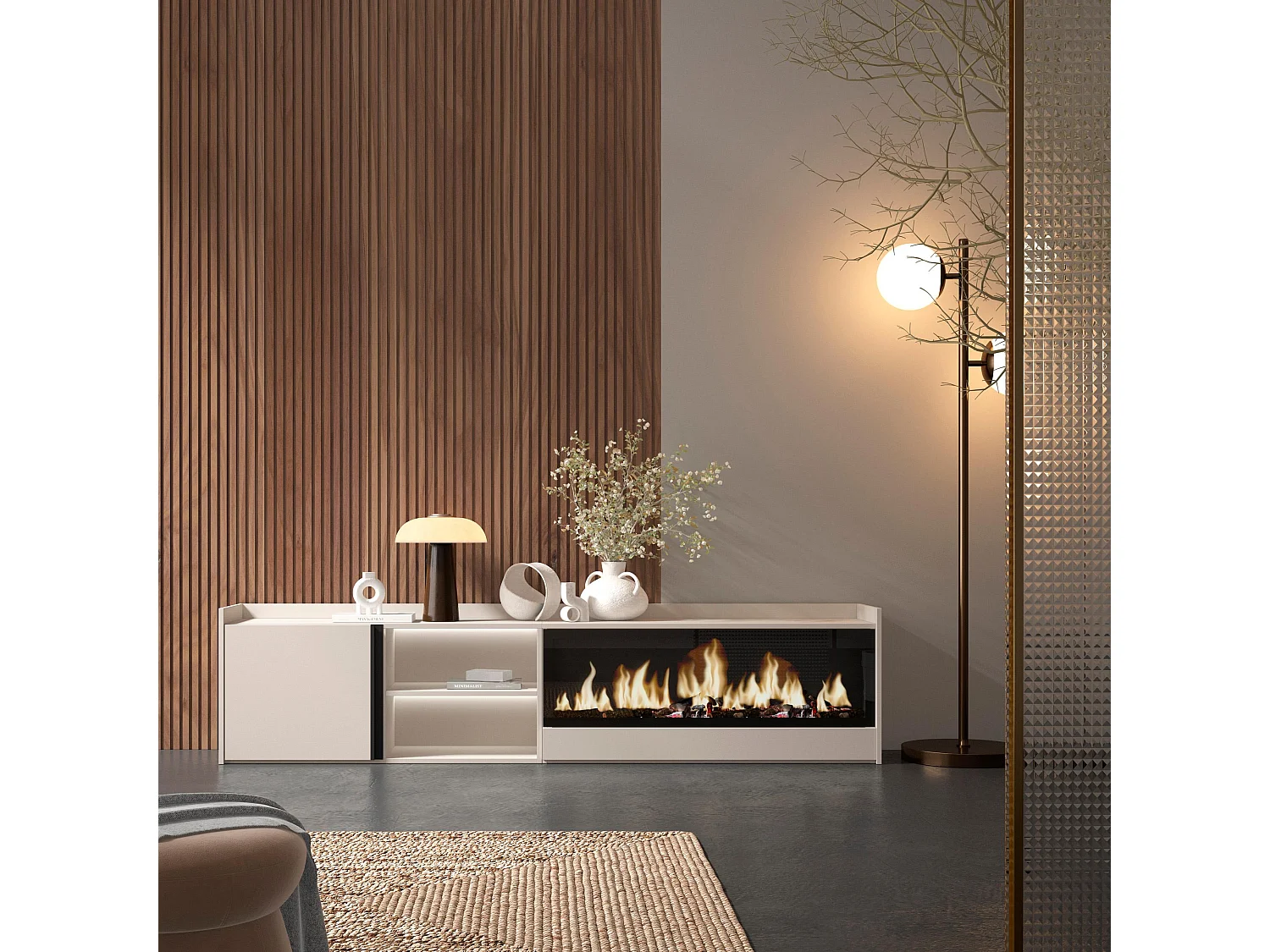 TV-Schrank, Lowboard, 212x50x35 cm, Für TV-Geräte bis zu 80", Elektrokamin XXL, LED, Beige