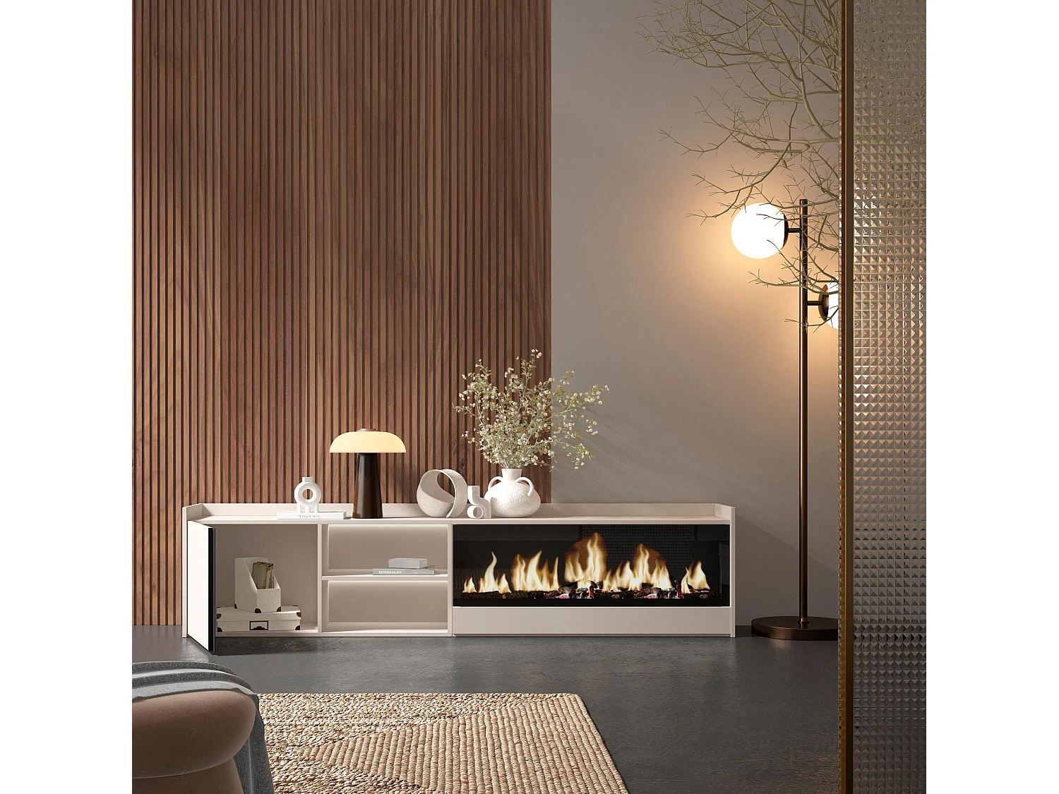 TV-Schrank, Lowboard, 212x50x35 cm, Für TV-Geräte bis zu 80", Elektrokamin XXL, LED, Beige