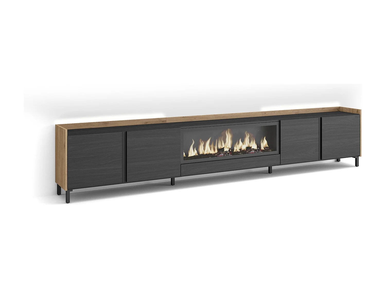 TV-Meubel, Lowboard, 315x61x35 cm, Voor tv's tot 80", Elektrische haard XXL, Industrieel design, LED, Zwart/Eiken