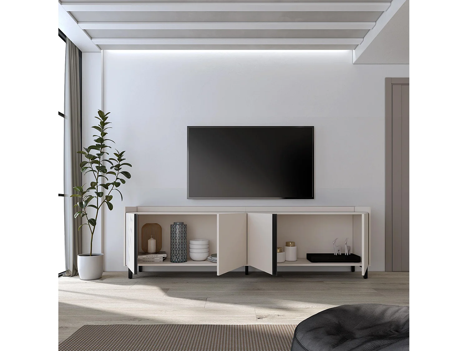 Mueble TV, Televisión, 207x61x35 cm, Para TV hasta 80", Diseño industrial, Beige