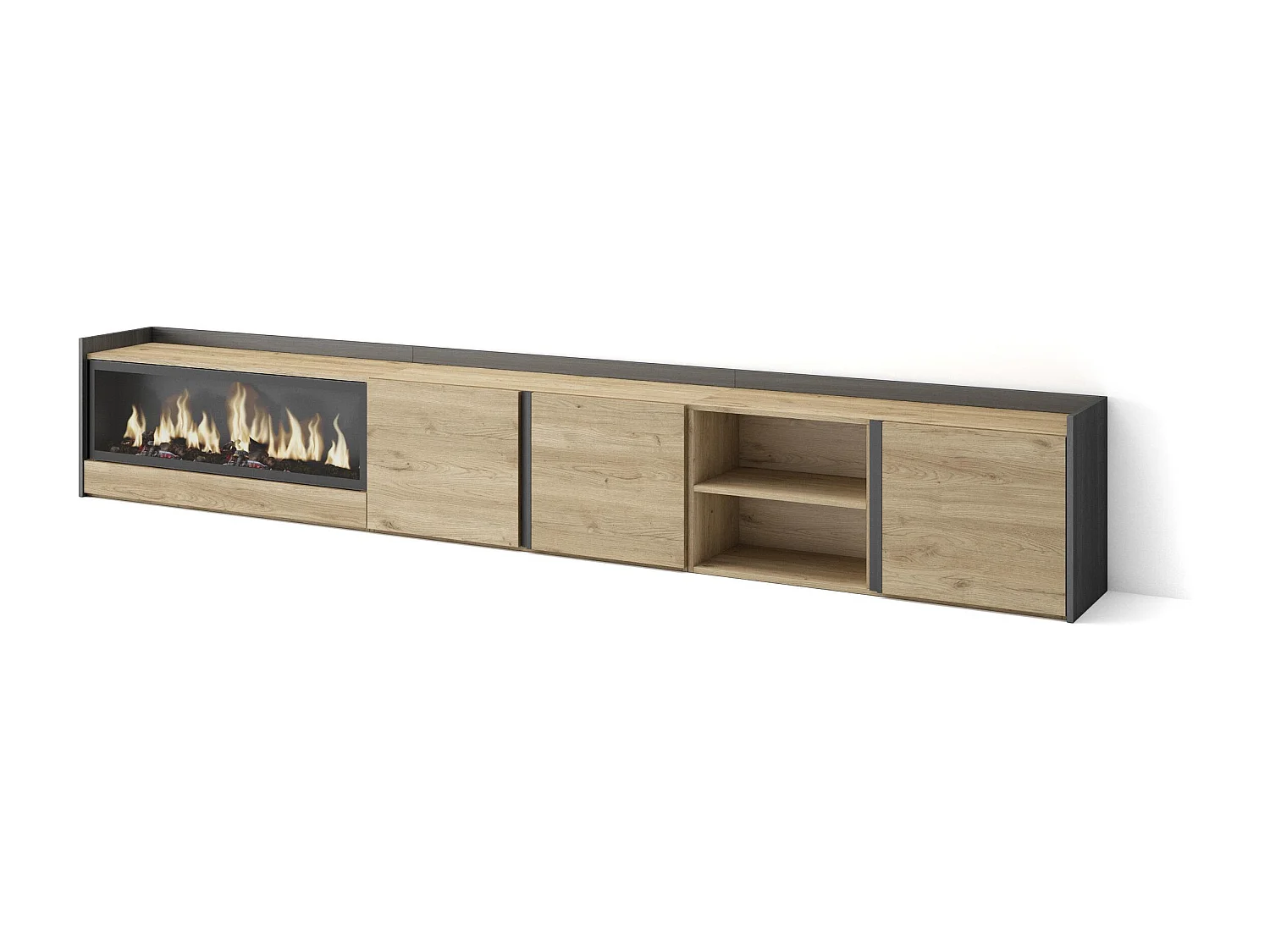 TV-Schrank - Lowboard - 315x50x35cm - Für TV-Geräte bis zu 80" - Elektrokamin XXL - Eiche Schwarz