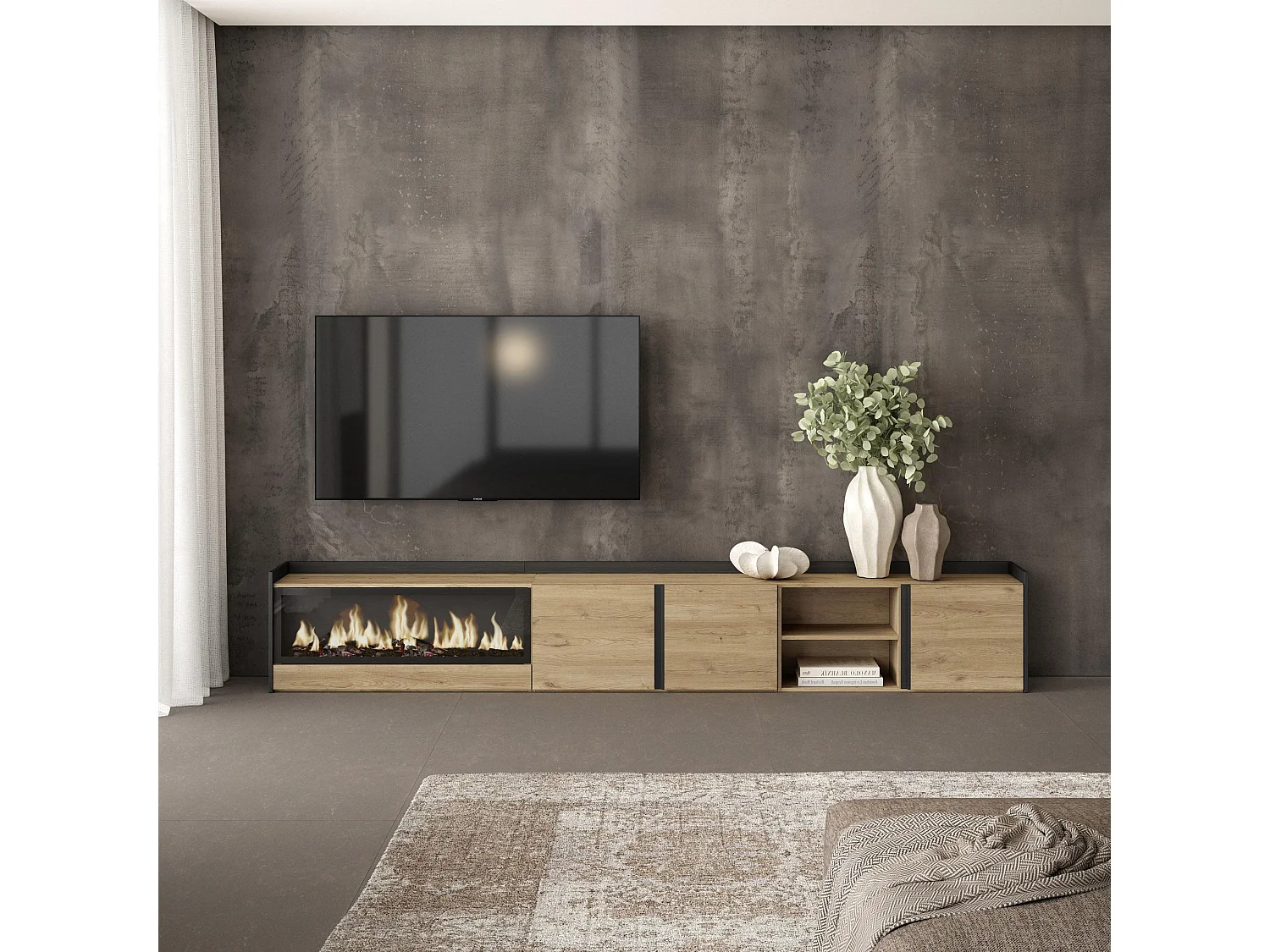 TV-Schrank - Lowboard - 315x50x35cm - Für TV-Geräte bis zu 80" - Elektrokamin XXL - Eiche Schwarz