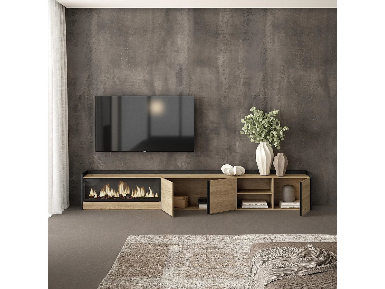 TV-Schrank - Lowboard - 315x50x35cm - Für TV-Geräte bis zu 80" - Elektrokamin XXL - Eiche Schwarz