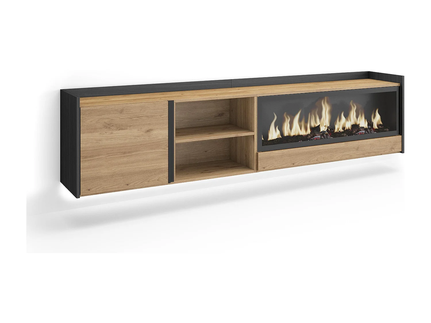 TV-Schrank, Lowboard, 212x50x35 cm, Für TV-Geräte bis zu 80", Elektrokamin XXL, Hängend, LED, Eiche Schwarz