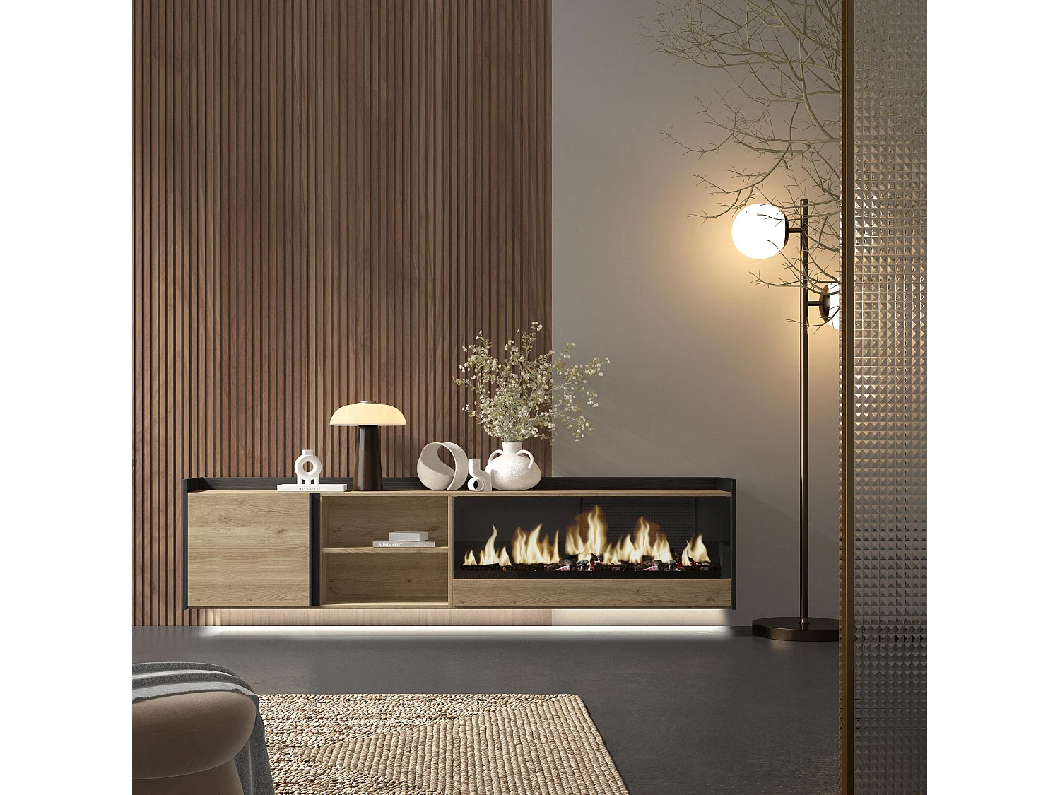 TV-Schrank, Lowboard, 212x50x35 cm, Für TV-Geräte bis zu 80", Elektrokamin XXL, Hängend, LED, Eiche Schwarz