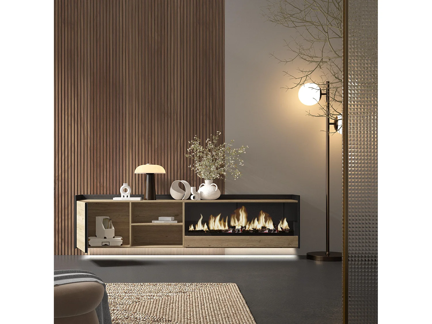 TV-Schrank, Lowboard, 212x50x35 cm, Für TV-Geräte bis zu 80", Elektrokamin XXL, Hängend, LED, Eiche Schwarz