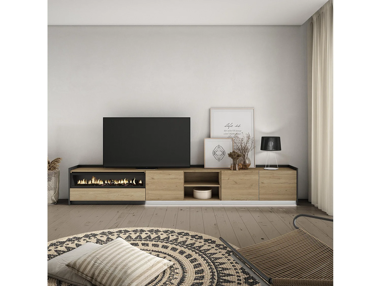 TV-Schrank, Lowboard, 310x50x37 cm, Für TV-Geräte bis zu 80", Elektrokamin., LED, Eiche Schwarz