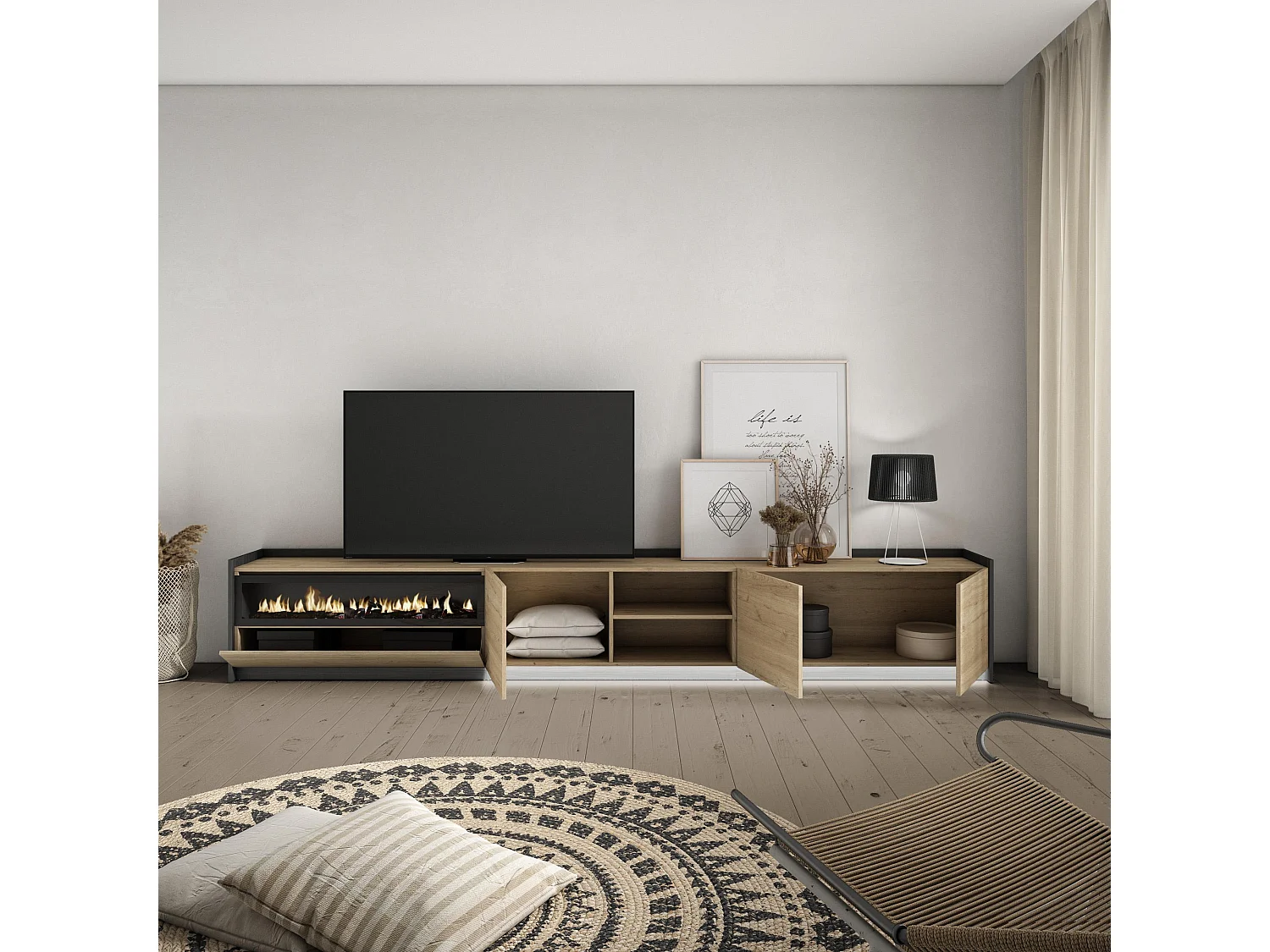 TV-Schrank, Lowboard, 310x50x37 cm, Für TV-Geräte bis zu 80", Elektrokamin., LED, Eiche Schwarz