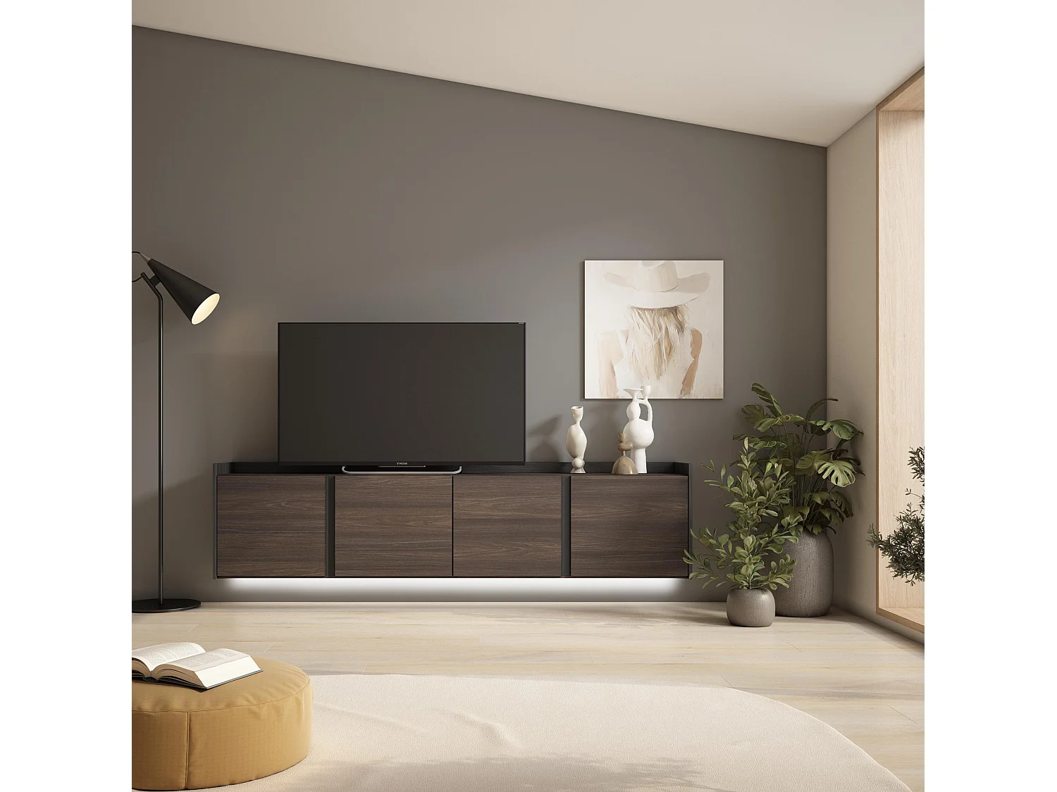 TV-Schrank, Lowboard, 207x50x35 cm, Für TV-Geräte bis zu 80", Hängend, LED, Dunkler Eiche und Schwarz