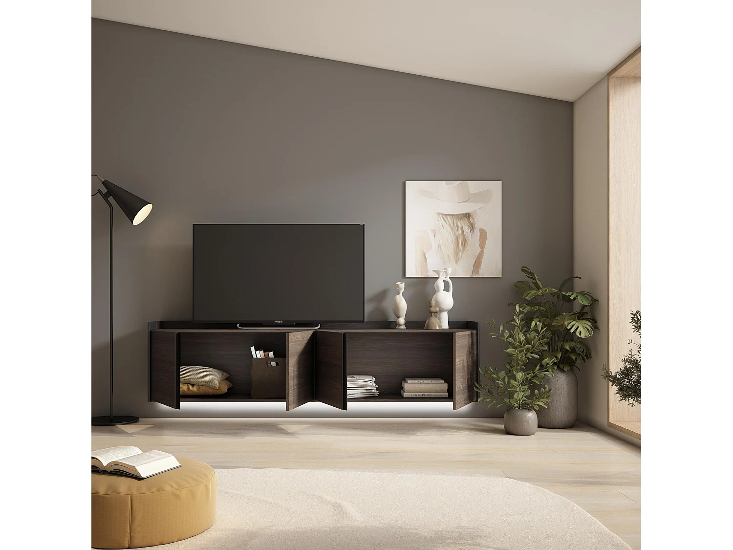 TV-Schrank, Lowboard, 207x50x35 cm, Für TV-Geräte bis zu 80", Hängend, LED, Dunkler Eiche und Schwarz