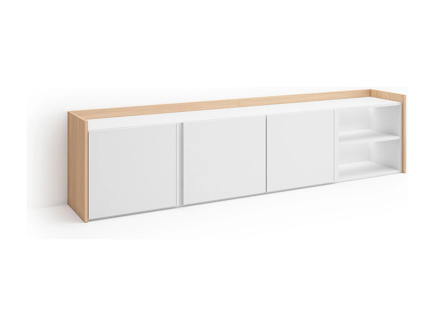 TV-Schrank, Lowboard, 207x50x35 cm, Für TV-Geräte bis zu 80", LED, Weiß und Eiche Soft
