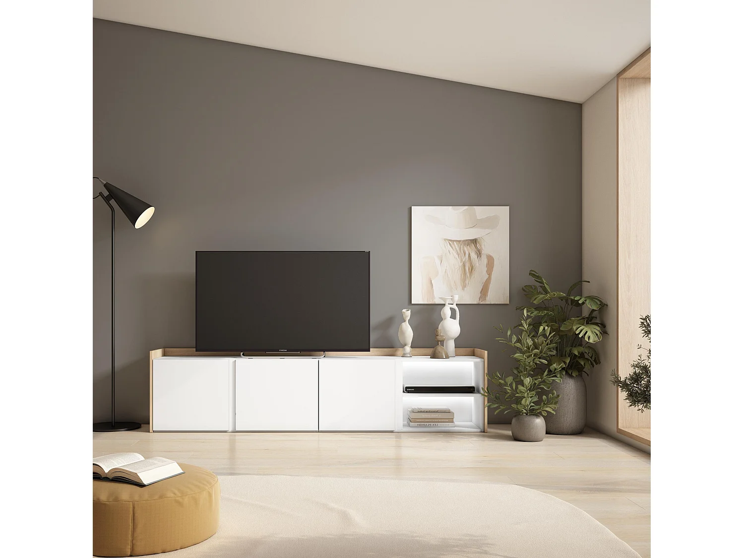 TV-Schrank, Lowboard, 207x50x35 cm, Für TV-Geräte bis zu 80", LED, Weiß und Eiche Soft