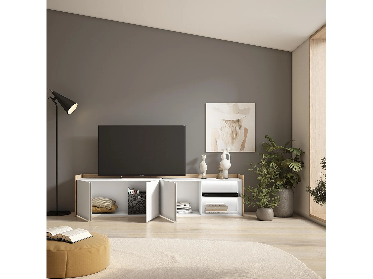 TV-Schrank, Lowboard, 207x50x35 cm, Für TV-Geräte bis zu 80", LED, Weiß und Eiche Soft