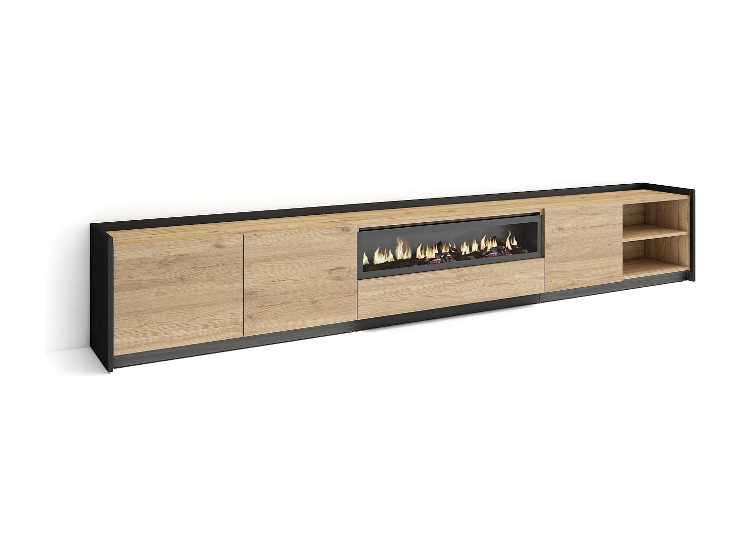 TV-Schrank, Lowboard, 310x50x37 cm, Für TV-Geräte bis zu 80", Elektrokamin., LED, Eiche Schwarz