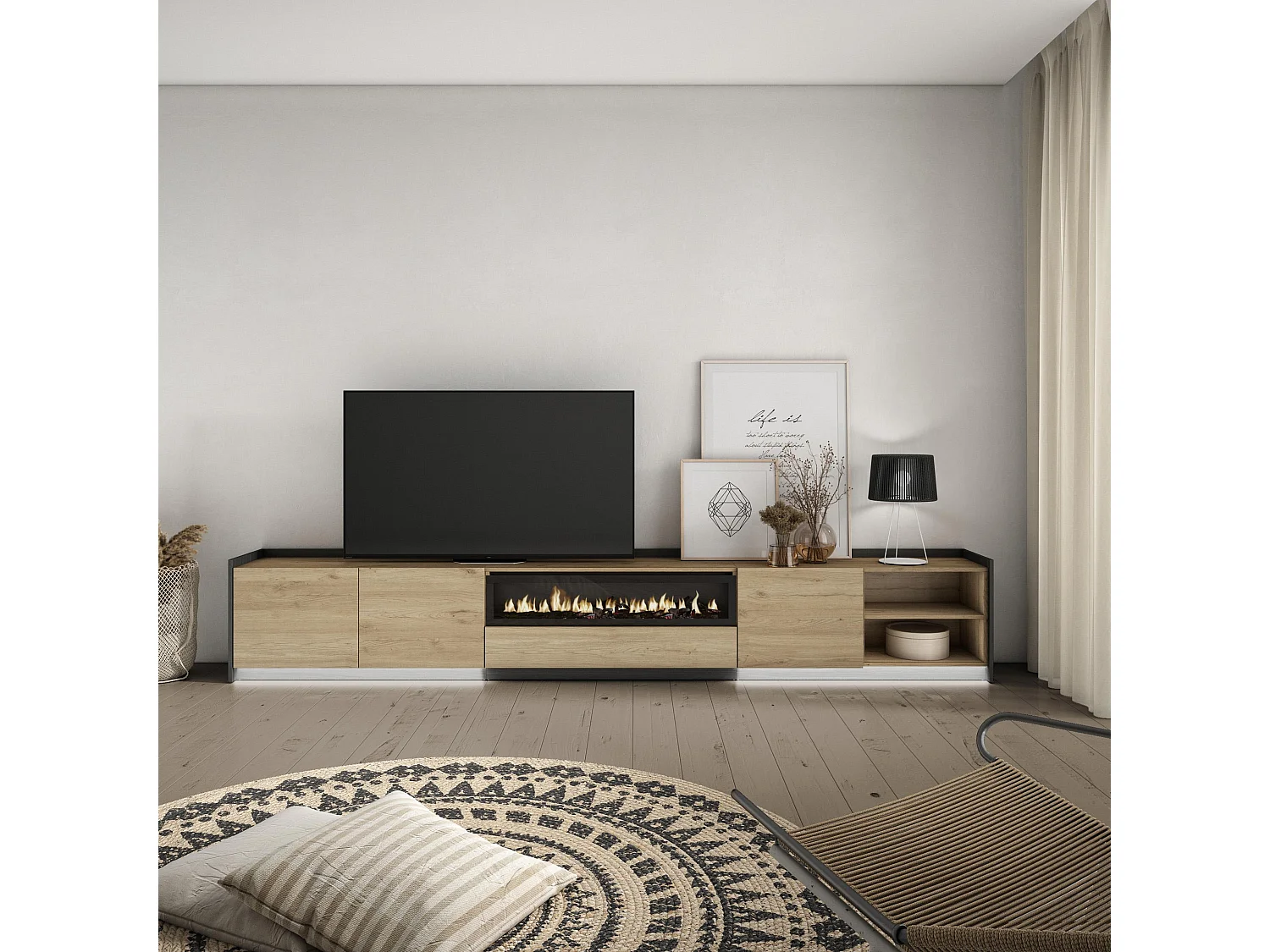 TV-Schrank, Lowboard, 310x50x37 cm, Für TV-Geräte bis zu 80", Elektrokamin., LED, Eiche Schwarz
