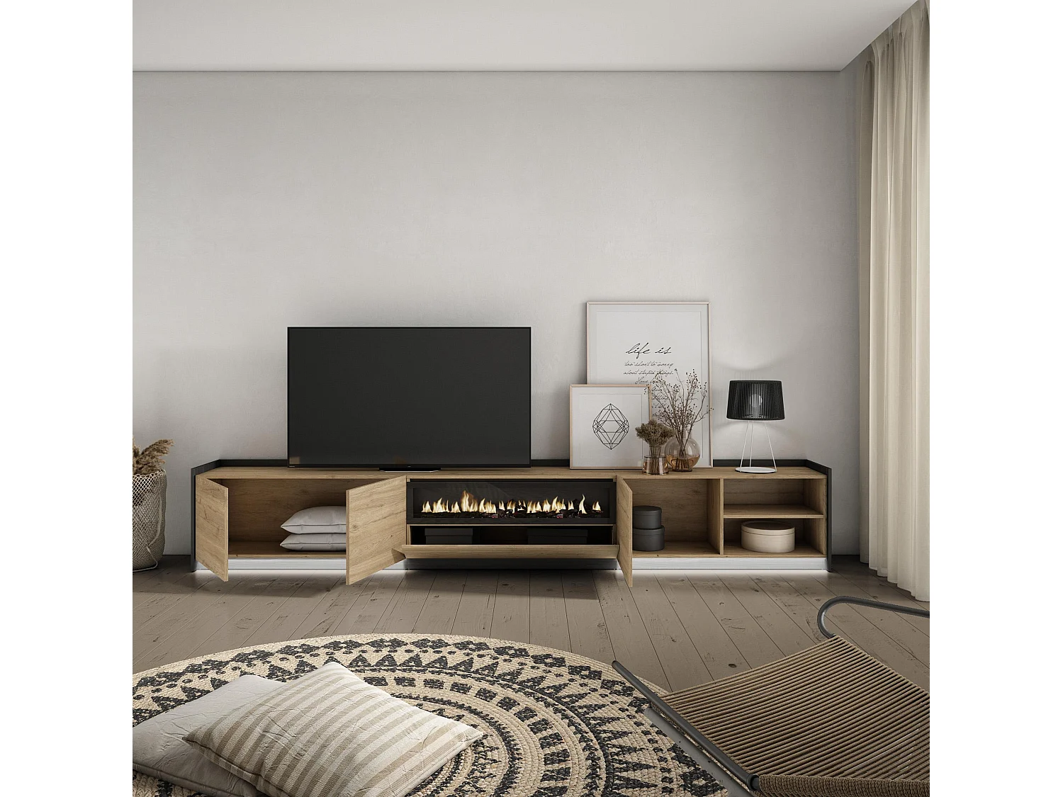 TV-Schrank, Lowboard, 310x50x37 cm, Für TV-Geräte bis zu 80", Elektrokamin., LED, Eiche Schwarz