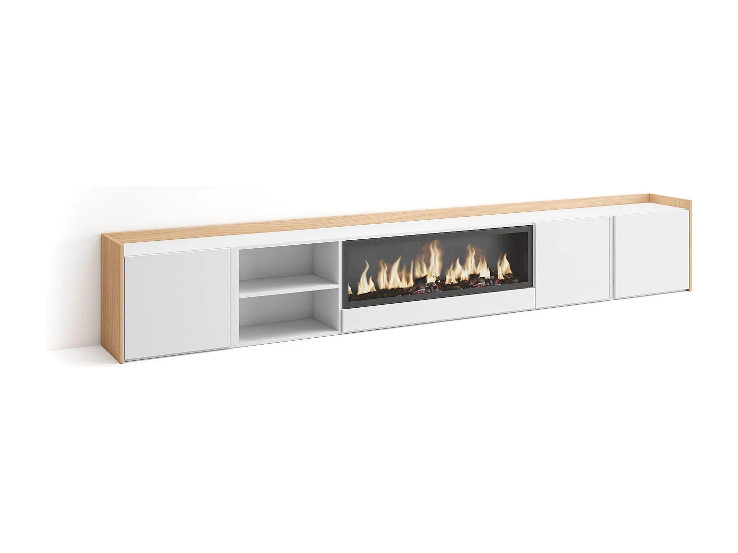 Meuble TV, Banc Télé, 315x50x35 cm, Pour les TV jusqu'à 80", Cheminée électrique XXL, Blanc et Chêne Soft