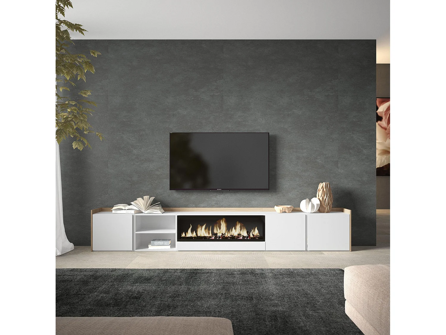 Meuble TV, Banc Télé, 315x50x35 cm, Pour les TV jusqu'à 80", Cheminée électrique XXL, Blanc et Chêne Soft