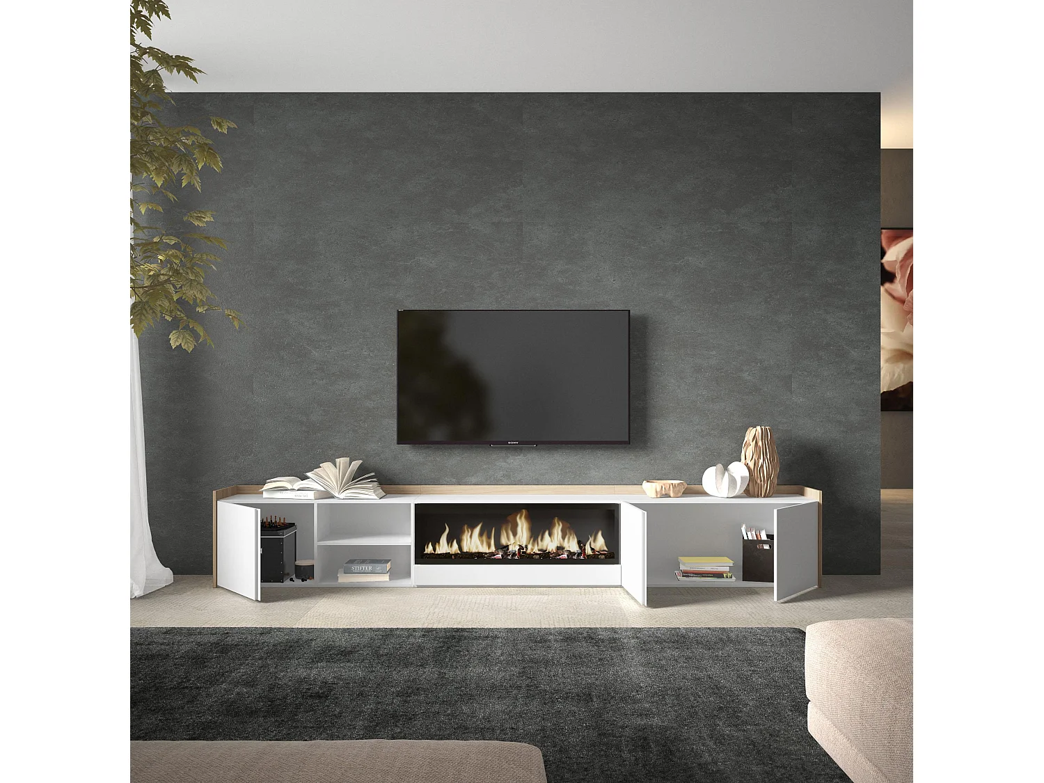 Meuble TV, Banc Télé, 315x50x35 cm, Pour les TV jusqu'à 80", Cheminée électrique XXL, Blanc et Chêne Soft