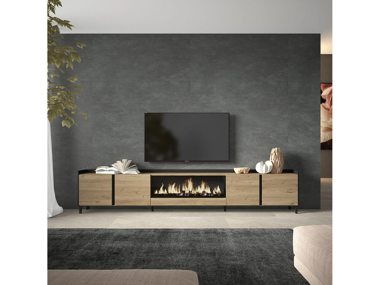 TV-Schrank, Lowboard, 315x61x35 cm, Für TV-Geräte bis zu 80", Elektrokamin XXL, Industriedesign, Eiche Schwarz