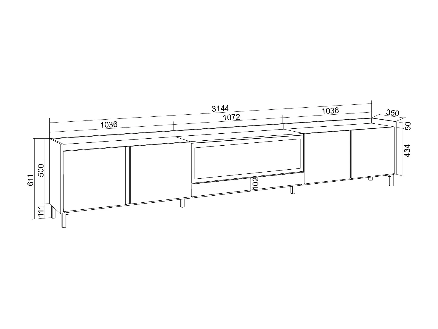 TV-Schrank, Lowboard, 315x61x35 cm, Für TV-Geräte bis zu 80", Elektrokamin XXL, Industriedesign, Eiche Schwarz