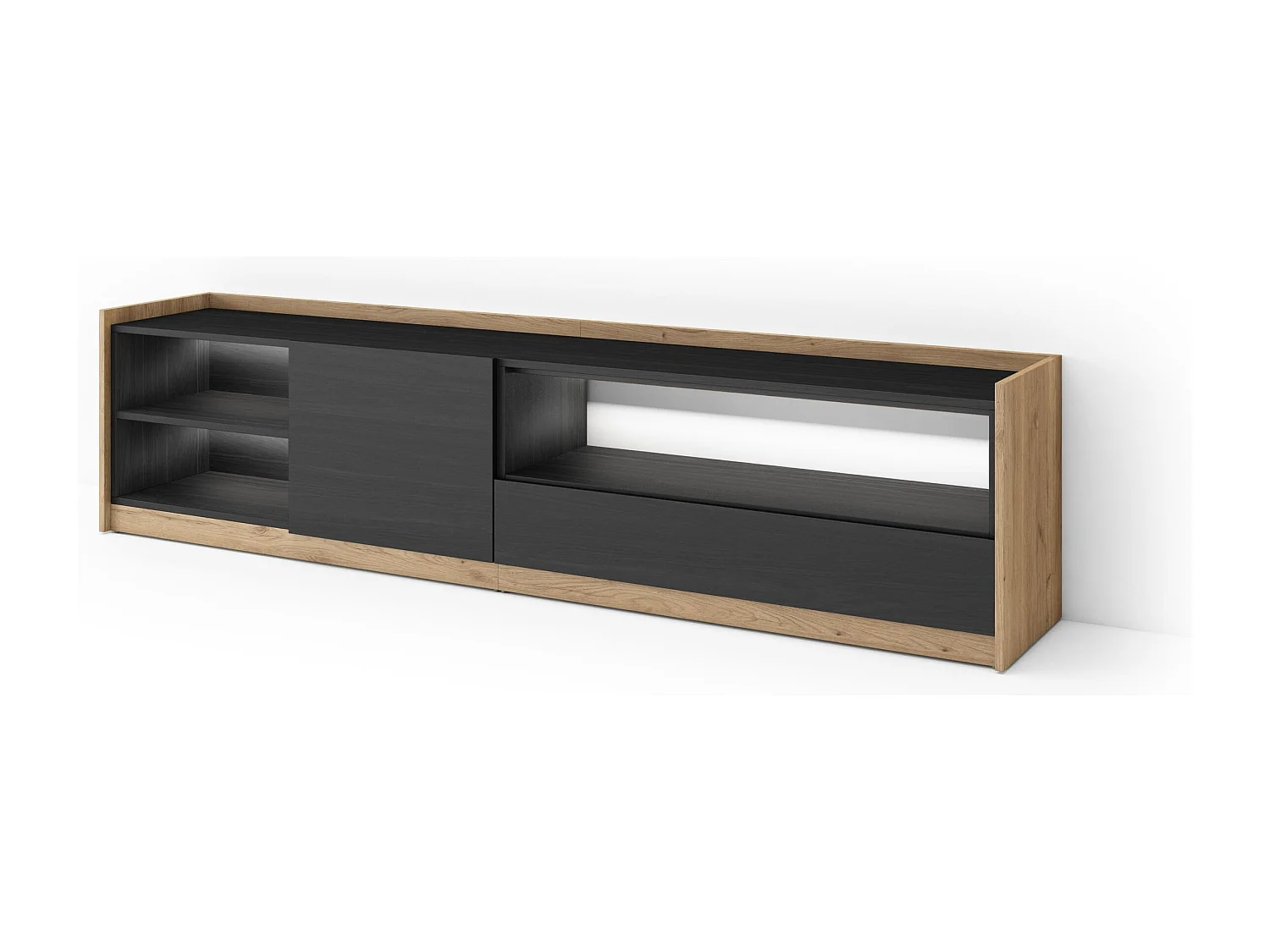TV-Meubel, Lowboard, 207x50x37 cm, Voor tv's tot 80", LED, Zwart/Eiken