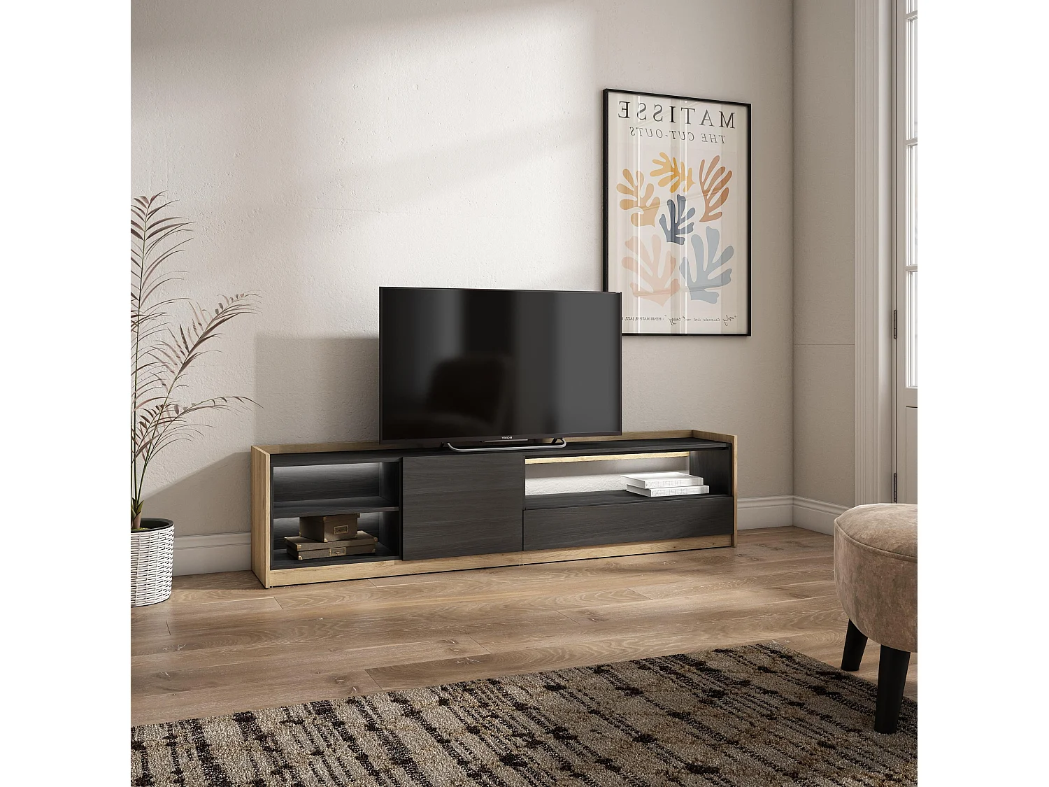 TV-Meubel, Lowboard, 207x50x37 cm, Voor tv's tot 80", LED, Zwart/Eiken