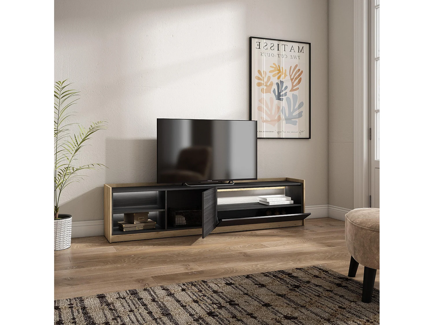 TV-Meubel, Lowboard, 207x50x37 cm, Voor tv's tot 80", LED, Zwart/Eiken
