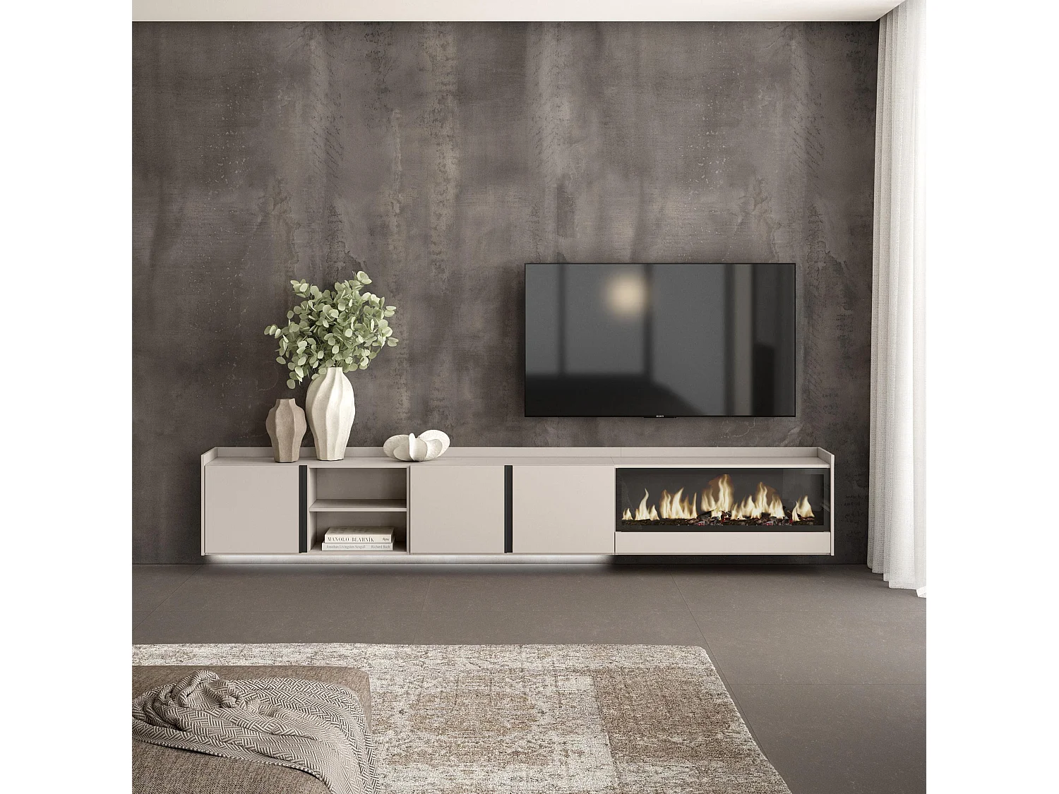 TV-Schrank, Lowboard, 315x50x35 cm, Für TV-Geräte bis zu 80", Elektrokamin XXL, Hängend, LED, Beige