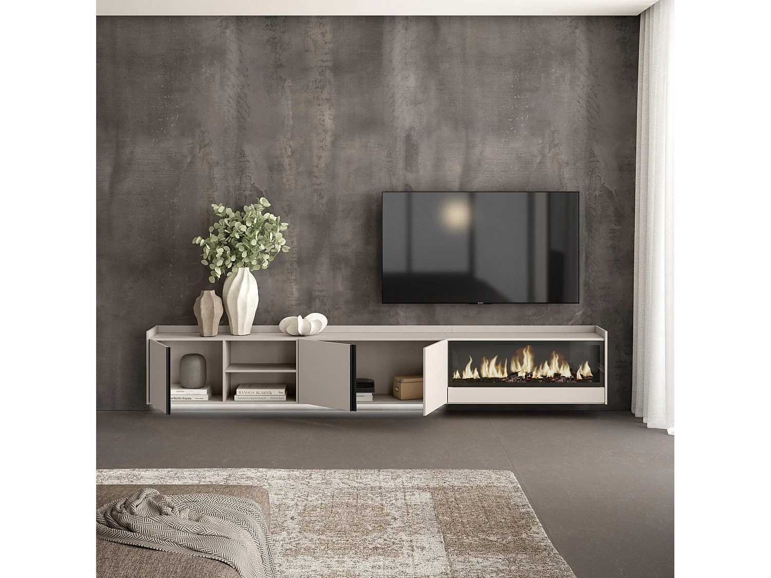 TV-Schrank, Lowboard, 315x50x35 cm, Für TV-Geräte bis zu 80", Elektrokamin XXL, Hängend, LED, Beige