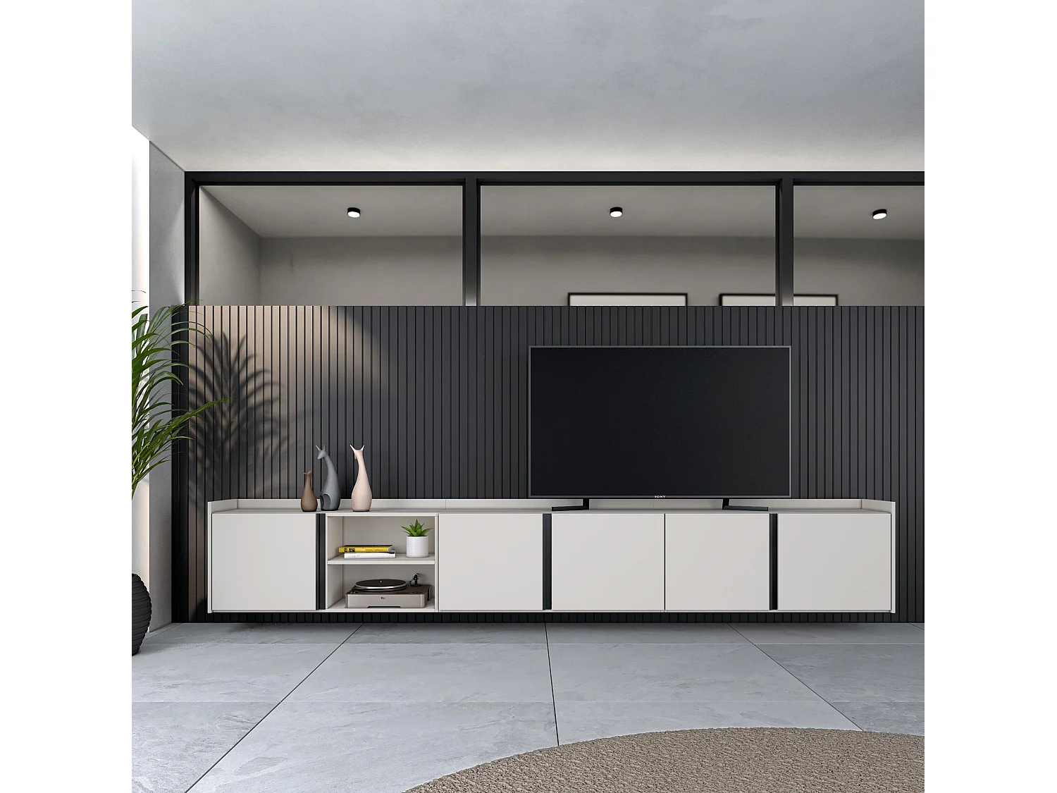 TV-Schrank, Lowboard, 309x50x35 cm, Für TV-Geräte bis zu 80", Hängend, Beige