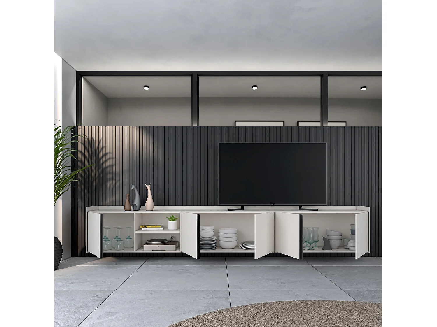 TV-Schrank, Lowboard, 309x50x35 cm, Für TV-Geräte bis zu 80", Hängend, Beige
