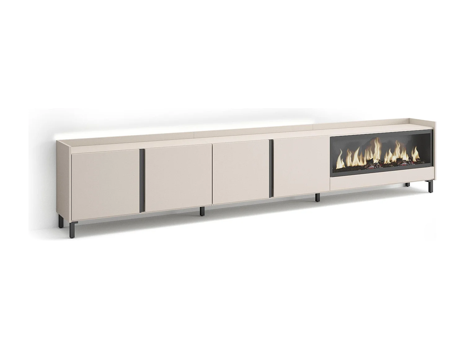 Mueble TV, Televisión, 315x61x35 cm, Para TV hasta 80", Chimenea eléctrica XXL, Diseño industrial, LED, Beige