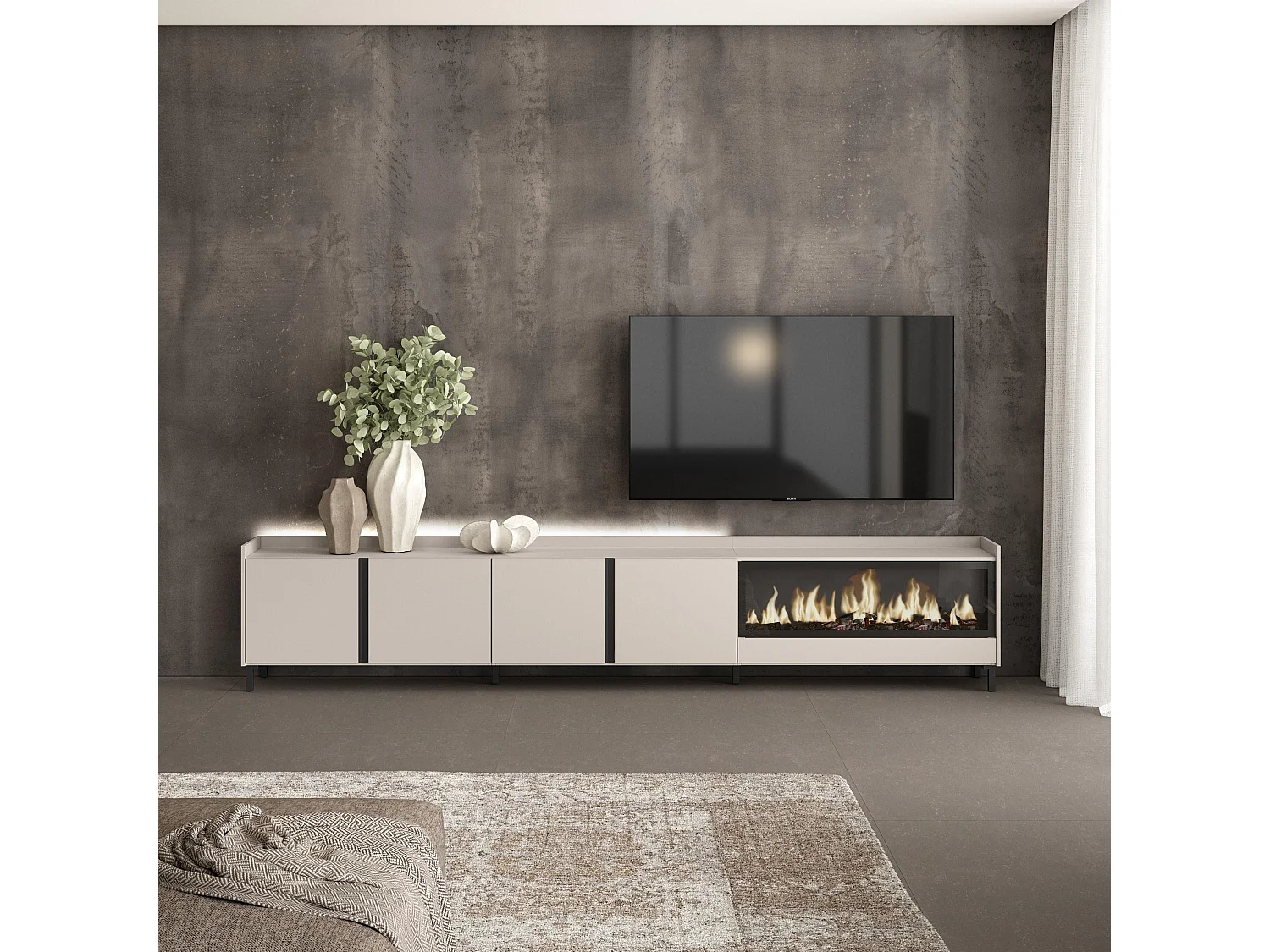 Mueble TV, Televisión, 315x61x35 cm, Para TV hasta 80", Chimenea eléctrica XXL, Diseño industrial, LED, Beige