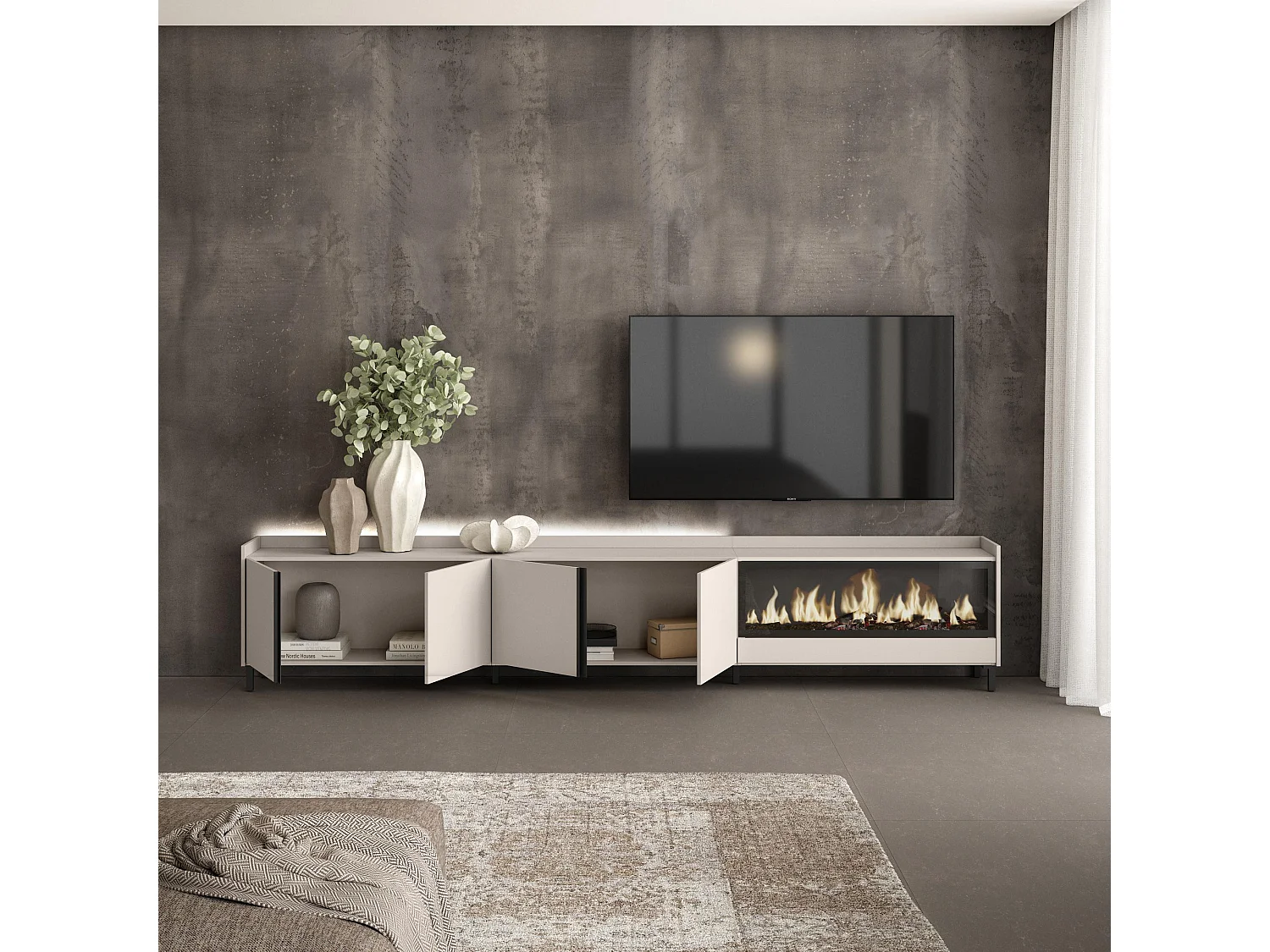 Mueble TV, Televisión, 315x61x35 cm, Para TV hasta 80", Chimenea eléctrica XXL, Diseño industrial, LED, Beige