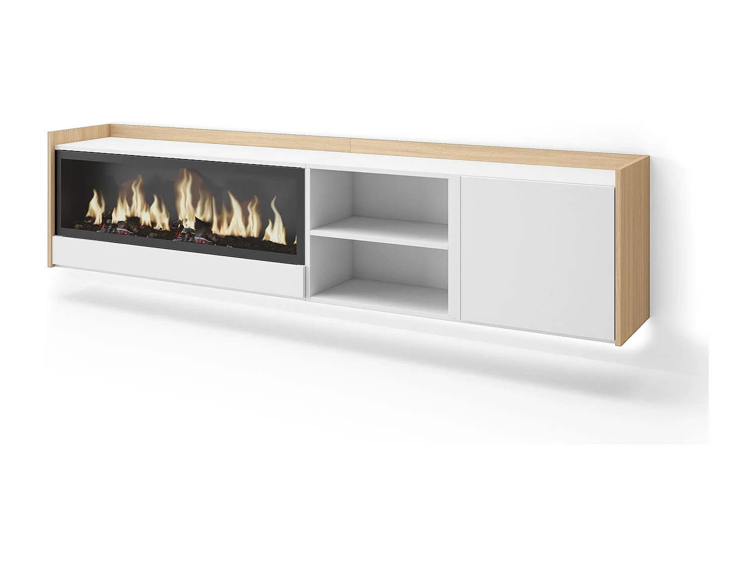 TV-Schrank, Lowboard, 212x50x35 cm, Für TV-Geräte bis zu 80", Elektrokamin XXL, Hängend, LED, Weiß und Eiche Soft