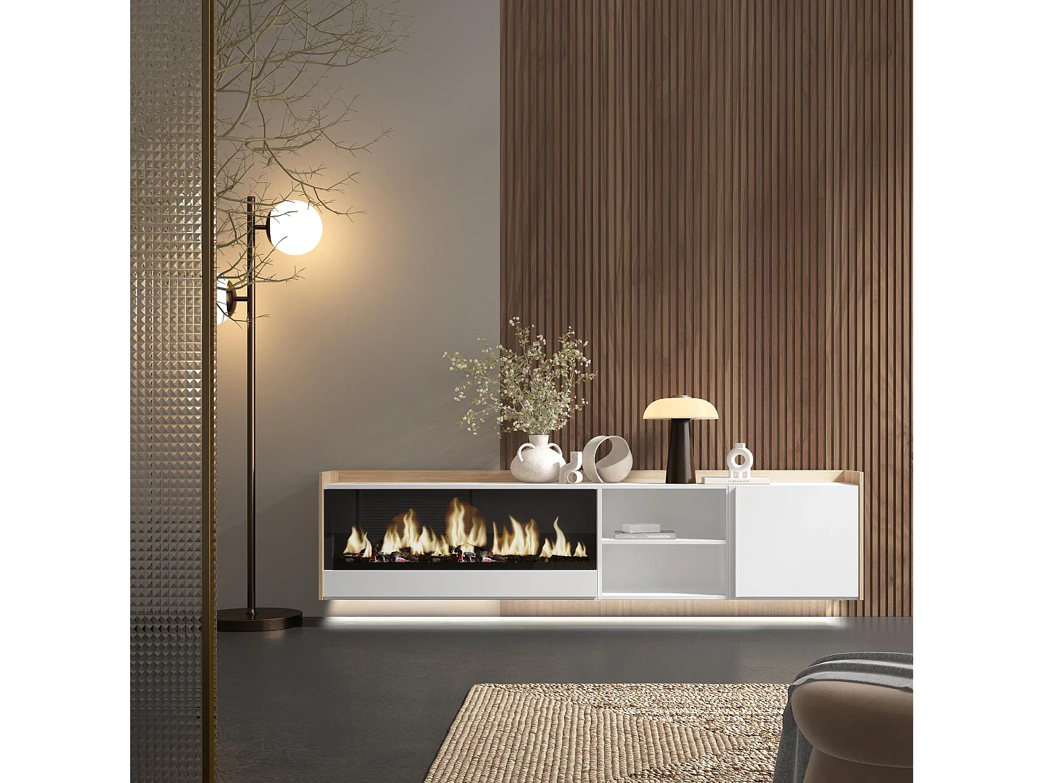 TV-Schrank, Lowboard, 212x50x35 cm, Für TV-Geräte bis zu 80", Elektrokamin XXL, Hängend, LED, Weiß und Eiche Soft