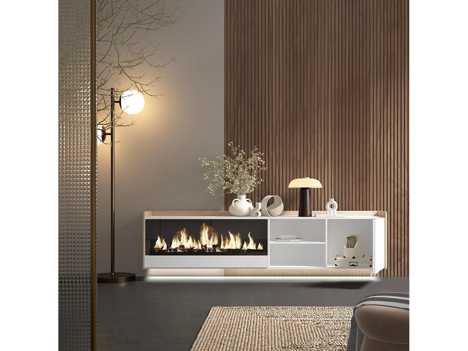 TV-Schrank, Lowboard, 212x50x35 cm, Für TV-Geräte bis zu 80", Elektrokamin XXL, Hängend, LED, Weiß und Eiche Soft