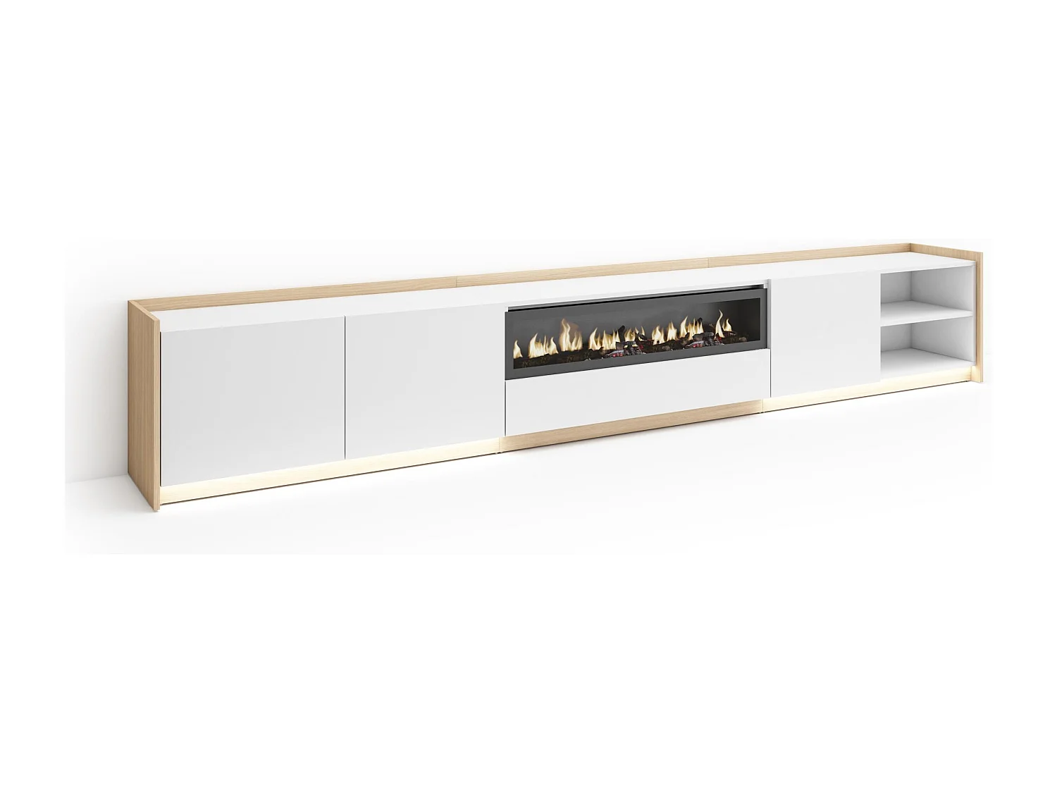 TV-Meubel, Lowboard, 310x50x37 cm, Voor tv's tot 80", Elektrische haard, LED, Wit en Eiken soft