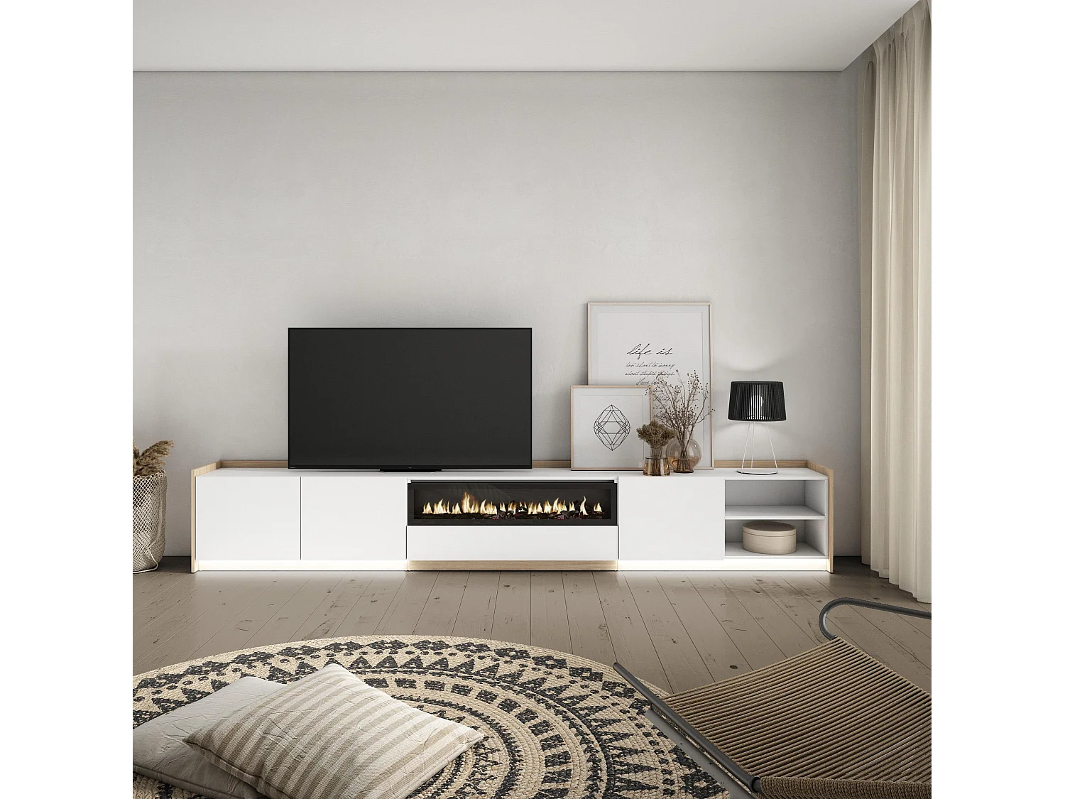 TV-Meubel, Lowboard, 310x50x37 cm, Voor tv's tot 80", Elektrische haard, LED, Wit en Eiken soft