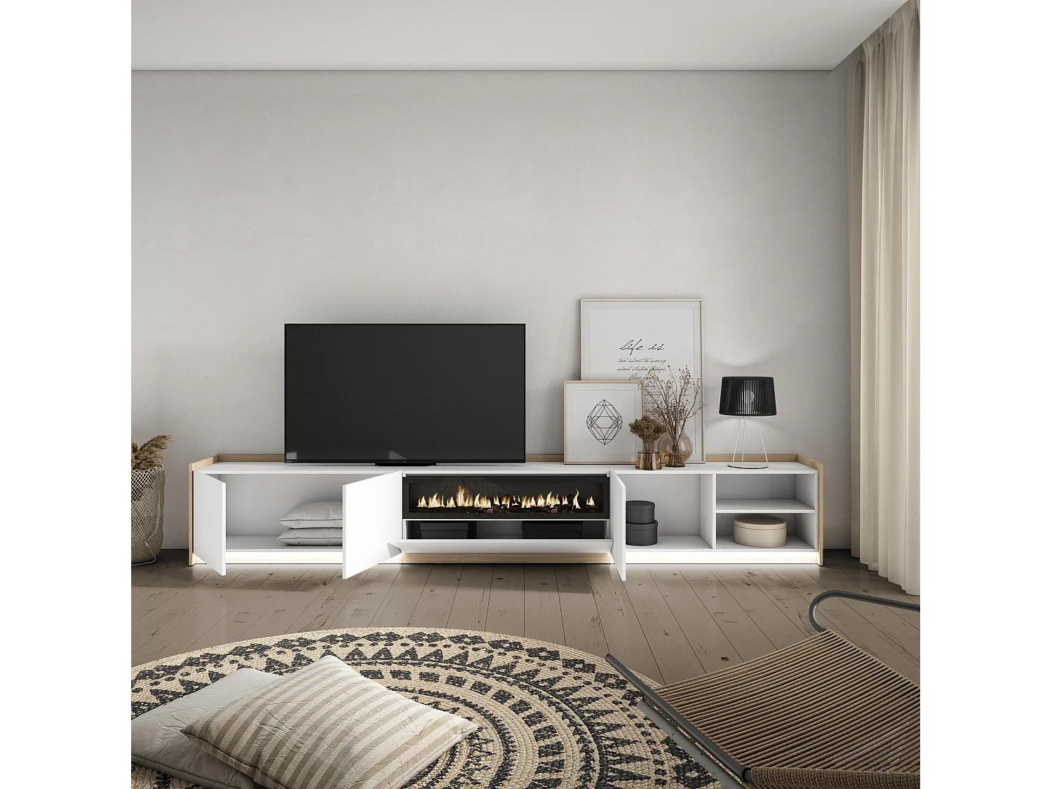 TV-Meubel, Lowboard, 310x50x37 cm, Voor tv's tot 80", Elektrische haard, LED, Wit en Eiken soft