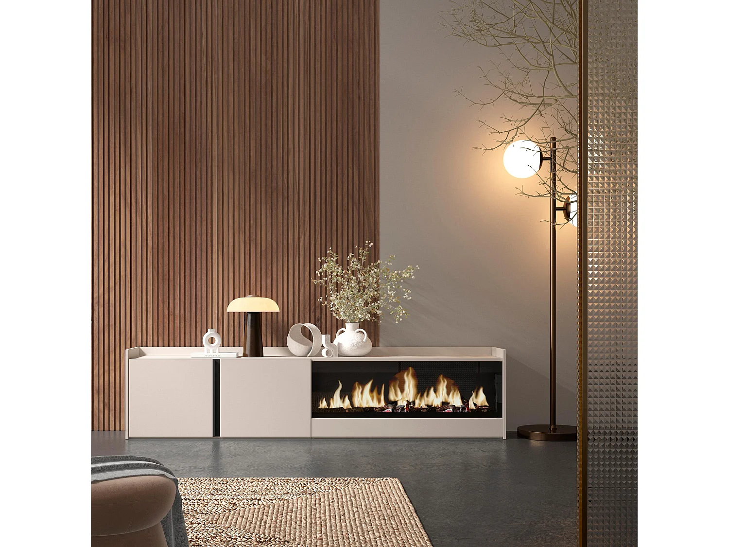 TV-Schrank, Lowboard, 212x50x35 cm, Für TV-Geräte bis zu 80", Elektrokamin XXL, Beige