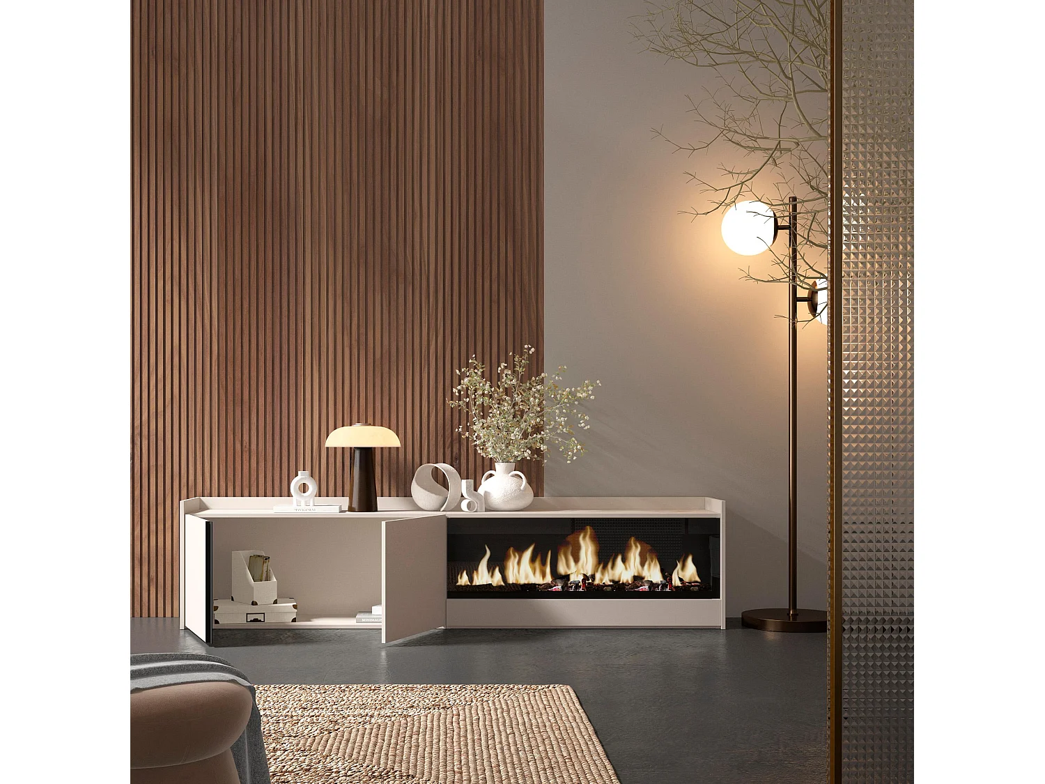 TV-Schrank, Lowboard, 212x50x35 cm, Für TV-Geräte bis zu 80", Elektrokamin XXL, Beige