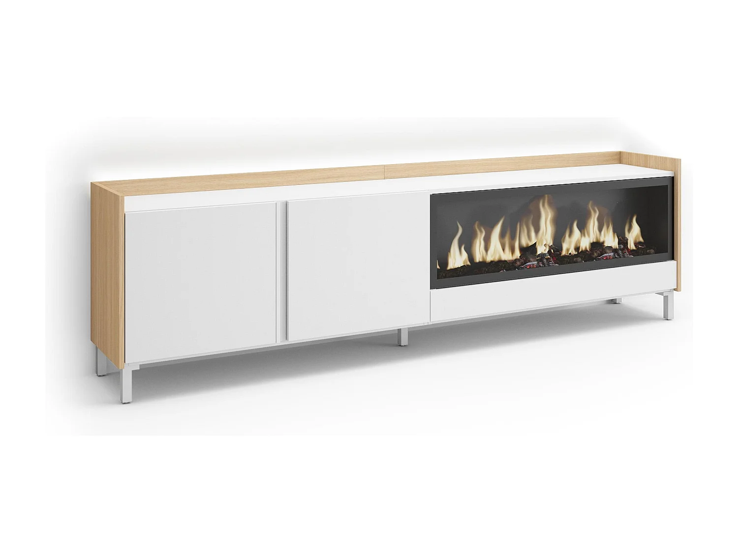 TV-Schrank, Lowboard, 212x61x35 cm, Für TV-Geräte bis zu 80", Elektrokamin XXL, Industriedesign, LED, Weiß und Eiche Soft