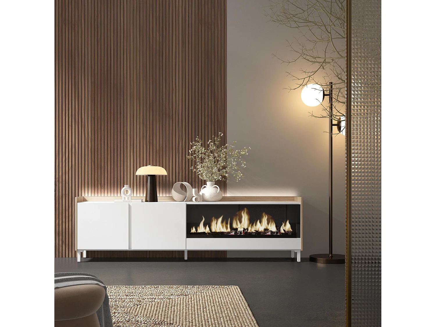 TV-Schrank, Lowboard, 212x61x35 cm, Für TV-Geräte bis zu 80", Elektrokamin XXL, Industriedesign, LED, Weiß und Eiche Soft